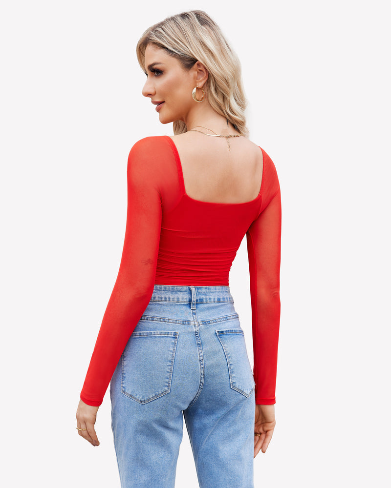Square Neck Mesh Long Sleeve Bodysuit Shapewear Shaperwear-bodysuit - Tophatter Daily Deals