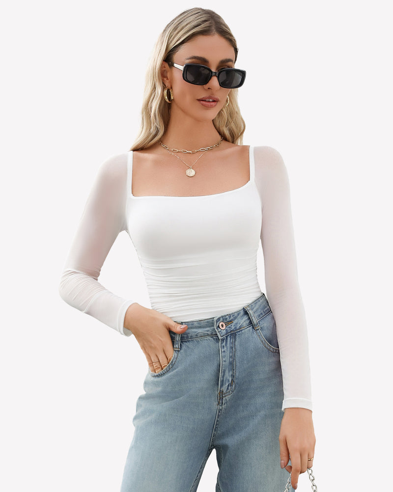Square Neck Mesh Long Sleeve Bodysuit Shapewear White Shaperwear-bodysuit - Tophatter Daily Deals