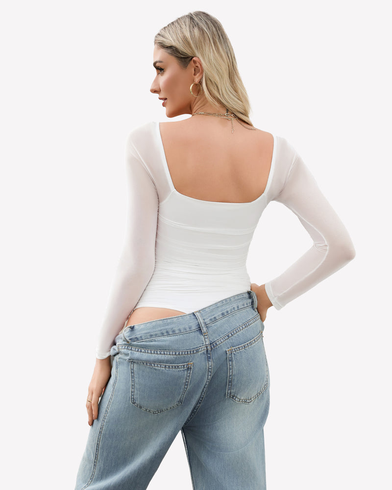 Square Neck Mesh Long Sleeve Bodysuit Shapewear Shaperwear-bodysuit - Tophatter Daily Deals