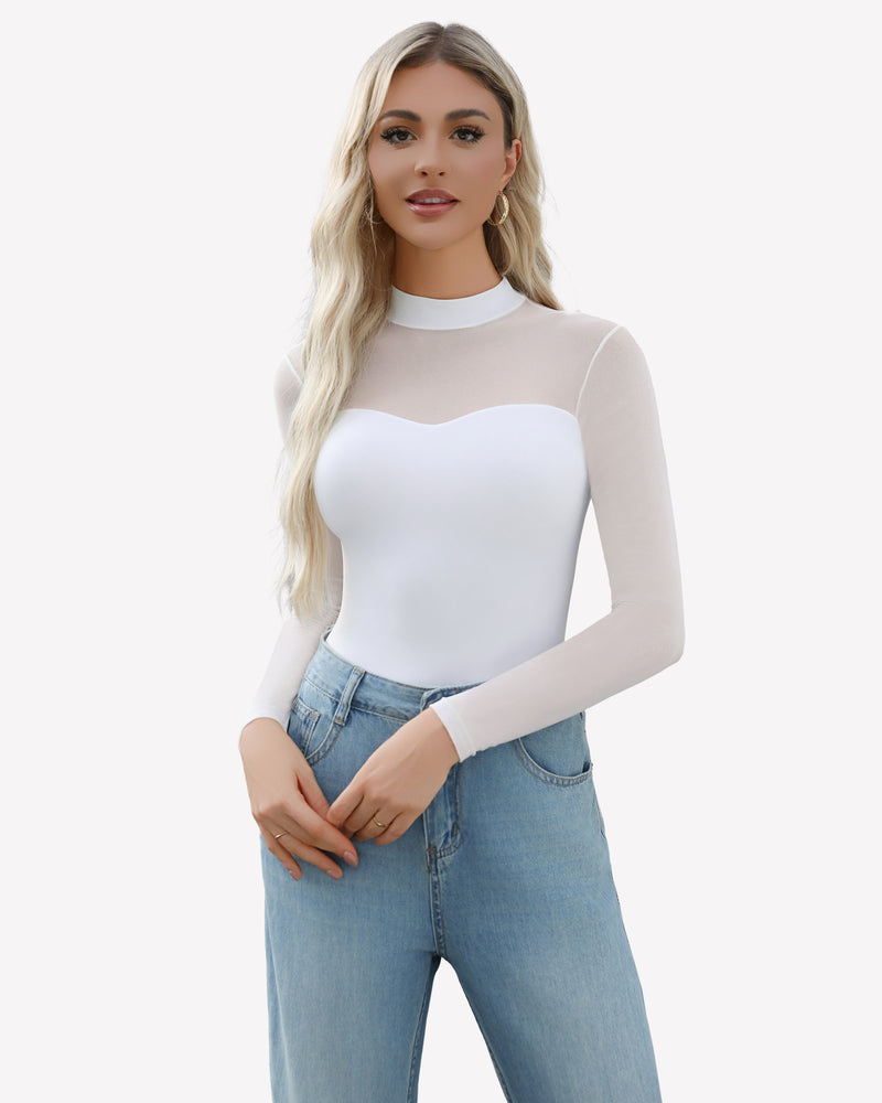 Mock Turtle Neck Sheer Mesh Bodysuit Lingeries-Bodysuits - Tophatter Daily Deals