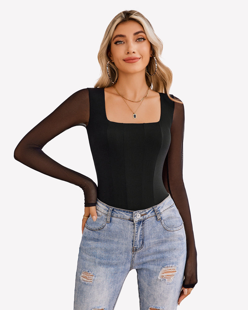 Square Neck One Piece Mesh Leotard Tops Black Shaperwear-bodysuit - Tophatter Daily Deals