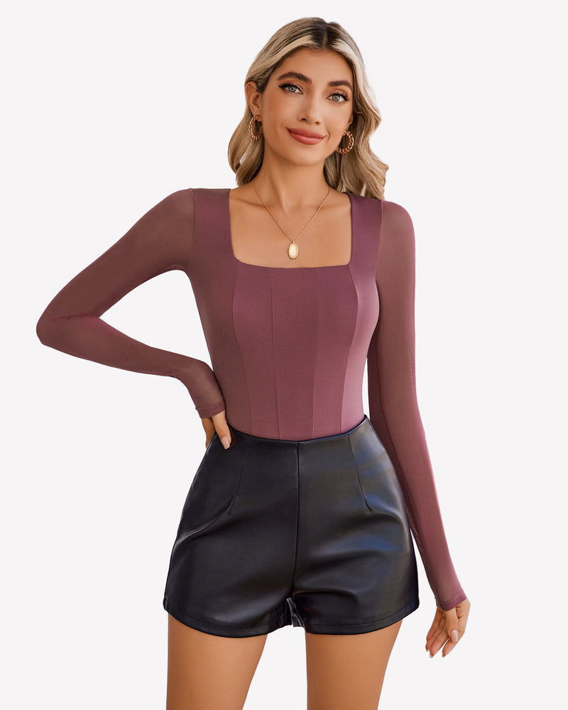 Square Neck One Piece Mesh Leotard Tops Purple Red Shaperwear-bodysuit - Tophatter Daily Deals