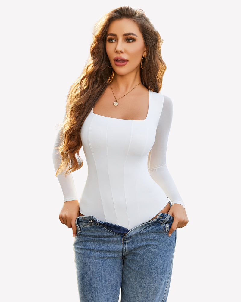 Square Neck One Piece Mesh Leotard Tops White Shaperwear-bodysuit - Tophatter Daily Deals