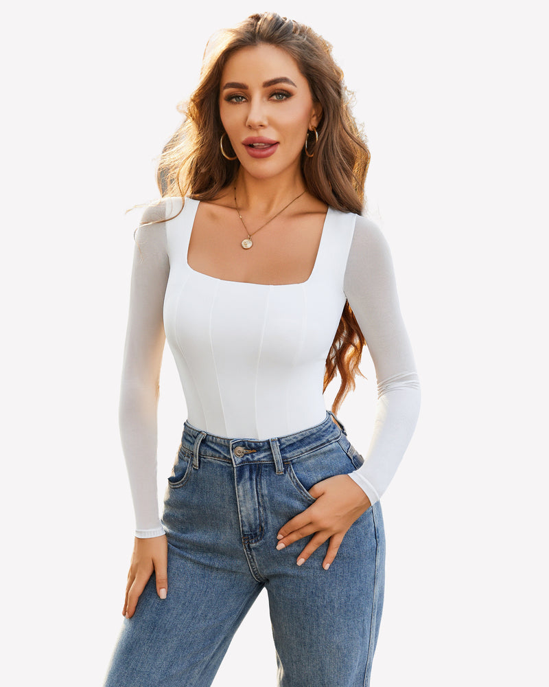 Square Neck One Piece Mesh Leotard Tops Shaperwear-bodysuit - Tophatter Daily Deals