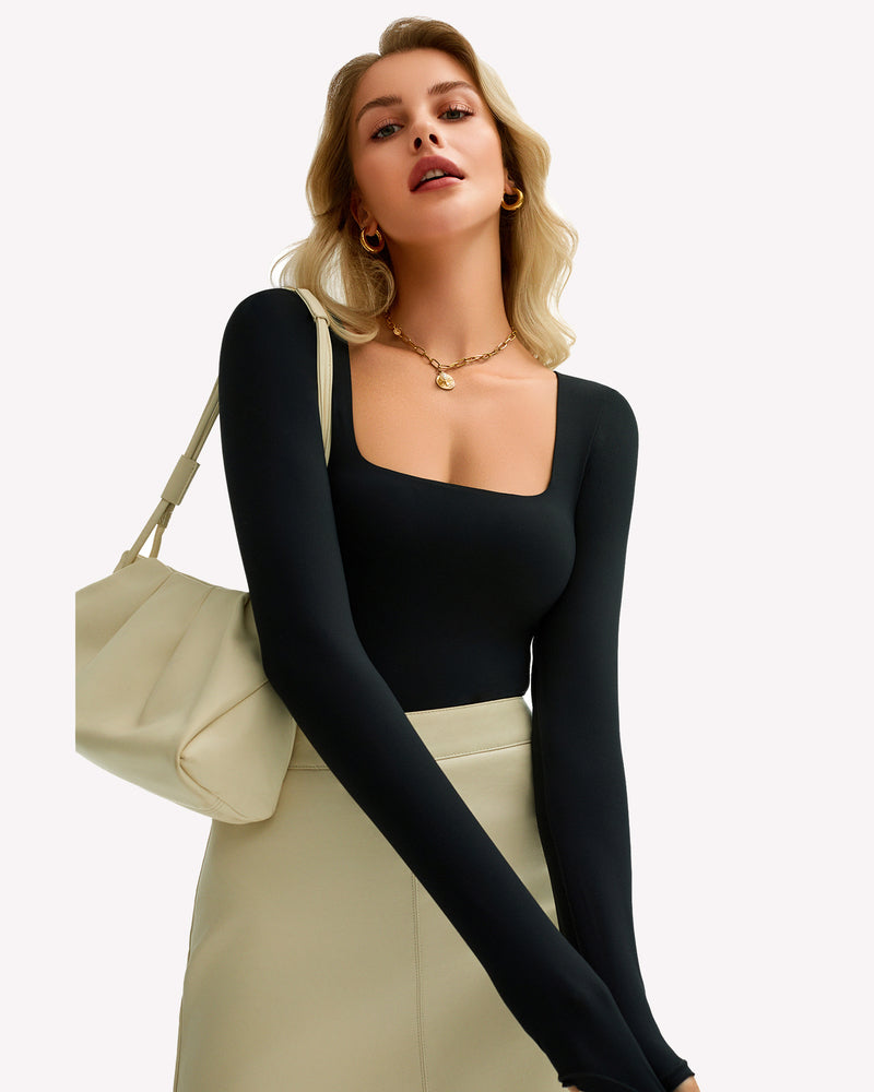 Double Lined Square Neck BodySuit Tops Shaperwear-bodysuit - Tophatter Daily Deals