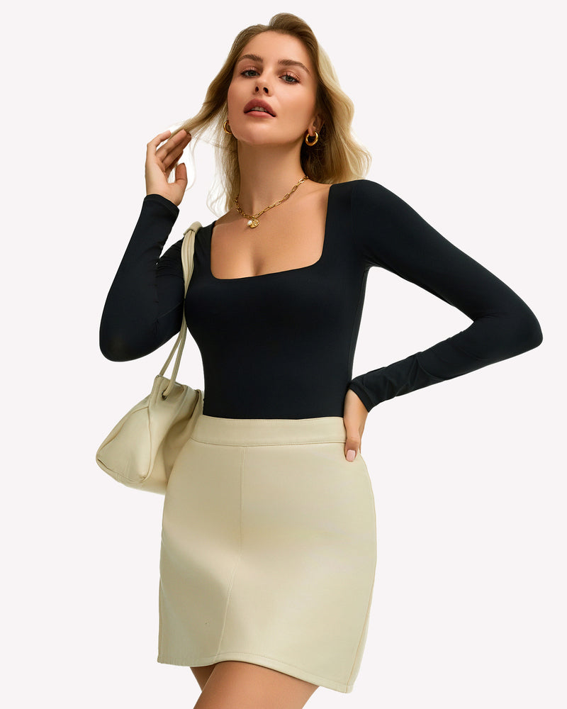 Double Lined Square Neck BodySuit Tops Shaperwear-bodysuit - Tophatter Daily Deals