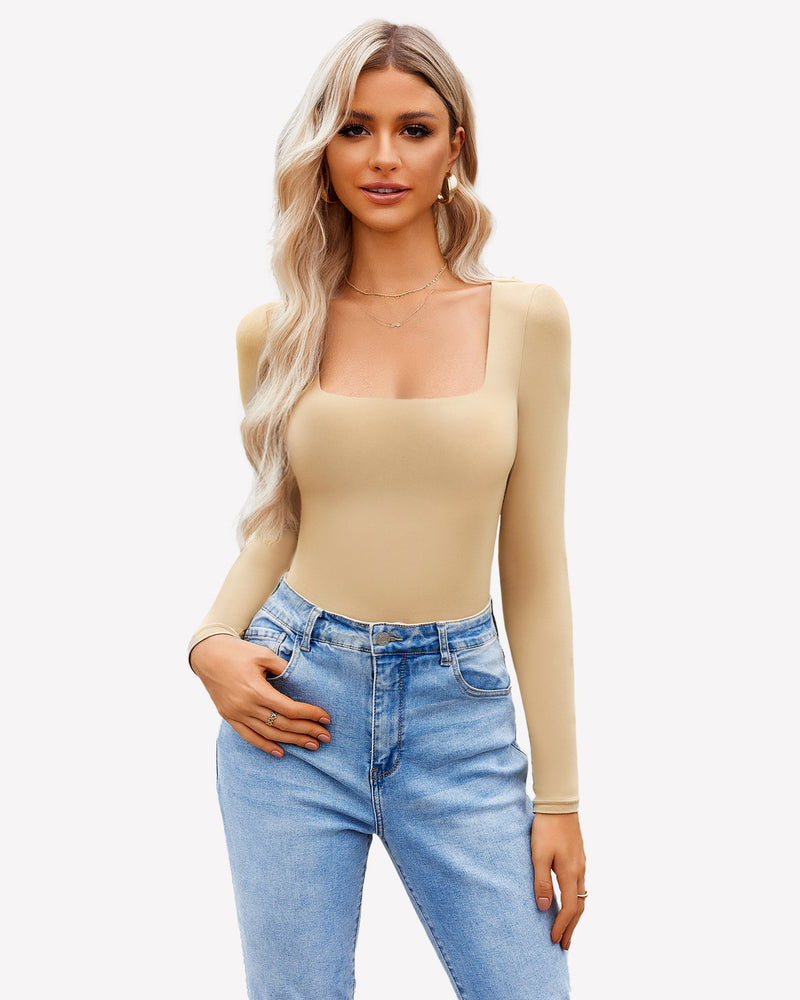 Double Lined Square Neck BodySuit Tops Shaperwear-bodysuit - Tophatter Daily Deals