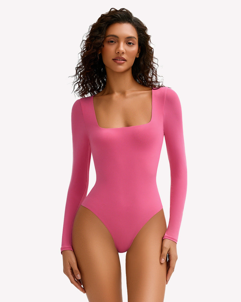 Double Lined Square Neck BodySuit Tops Rose Red Shaperwear-bodysuit - Tophatter Daily Deals