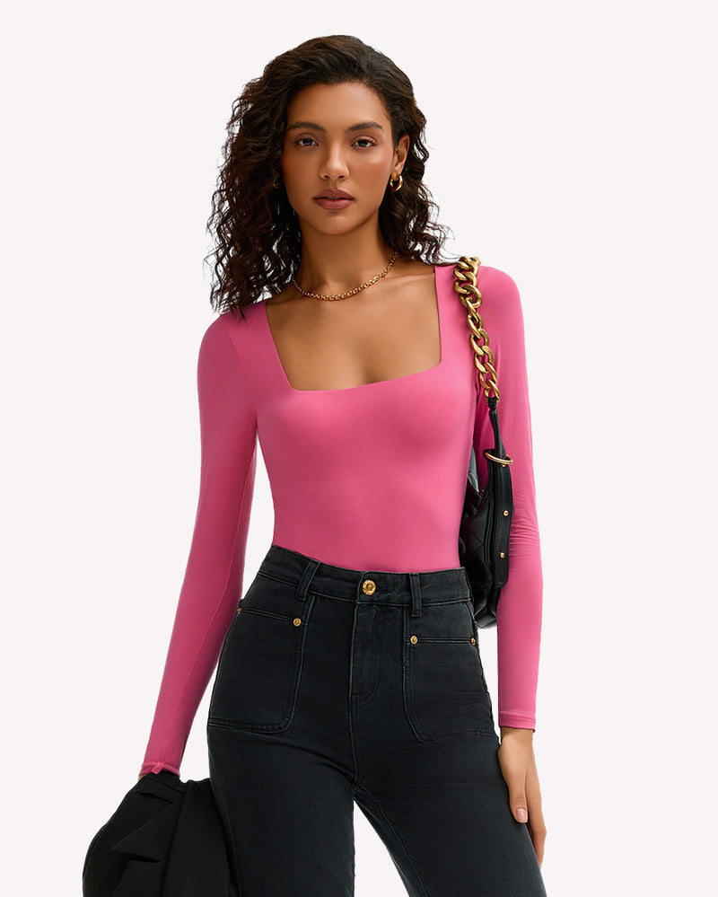 Double Lined Square Neck BodySuit Tops Shaperwear-bodysuit - Tophatter Daily Deals