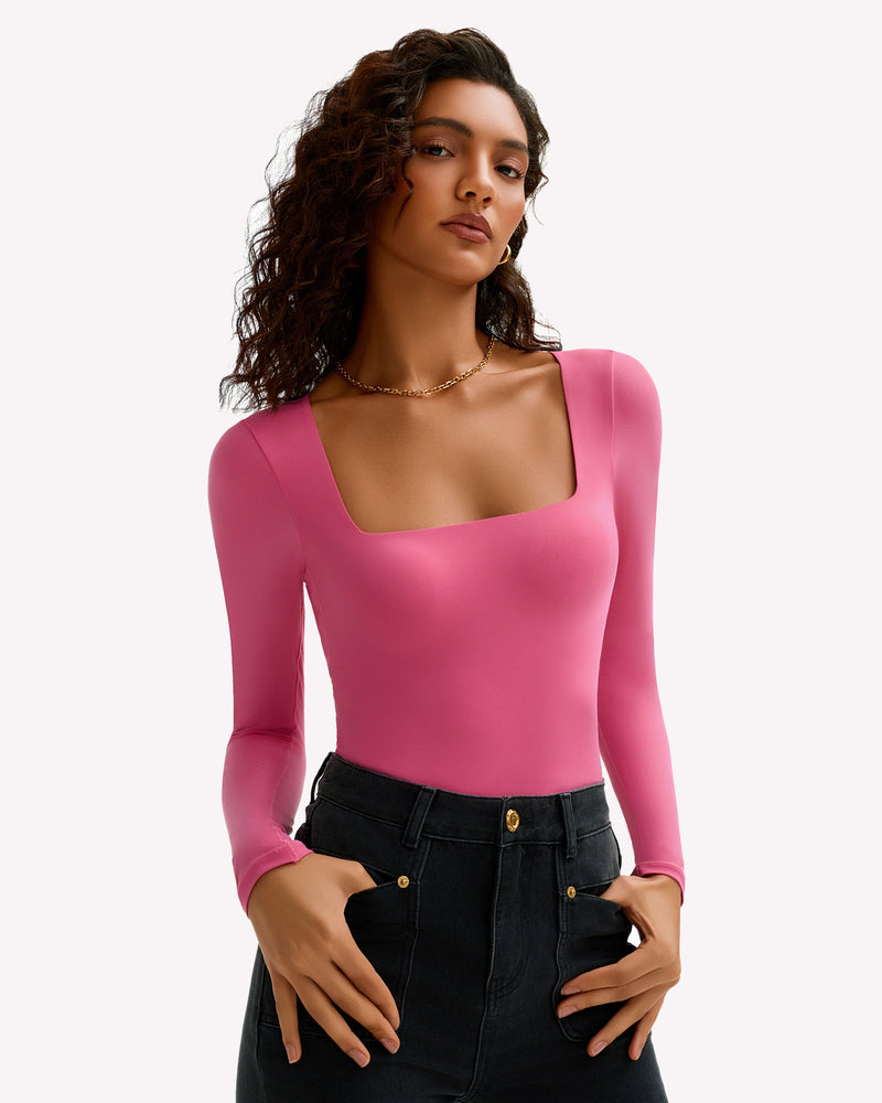 Double Lined Square Neck BodySuit Tops Shaperwear-bodysuit - Tophatter Daily Deals