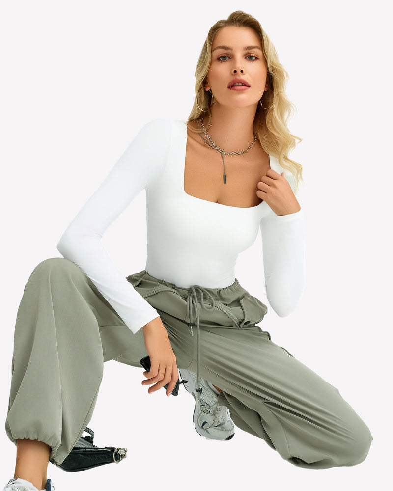 Double Lined Square Neck BodySuit Tops Shaperwear-bodysuit - Tophatter Daily Deals