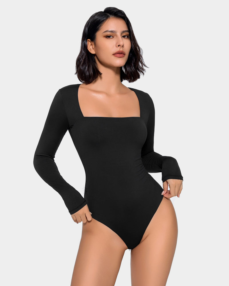 Square Neck Double Lined Shapewear Bodysuit Black Shaperwear-bodysuit - Tophatter Daily Deals