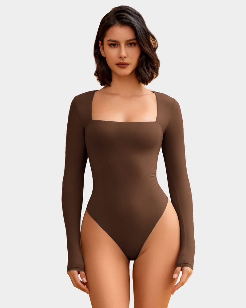 Square Neck Double Lined Shapewear Bodysuit Brown Shaperwear-bodysuit - Tophatter Daily Deals
