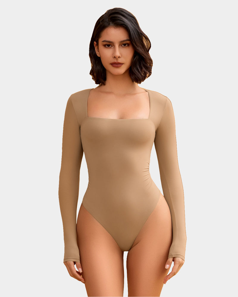 Square Neck Double Lined Shapewear Bodysuit Khaki Shaperwear-bodysuit - Tophatter Daily Deals