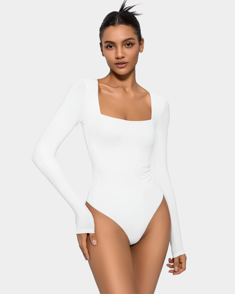 Square Neck Double Lined Shapewear Bodysuit White Shaperwear-bodysuit - Tophatter Daily Deals