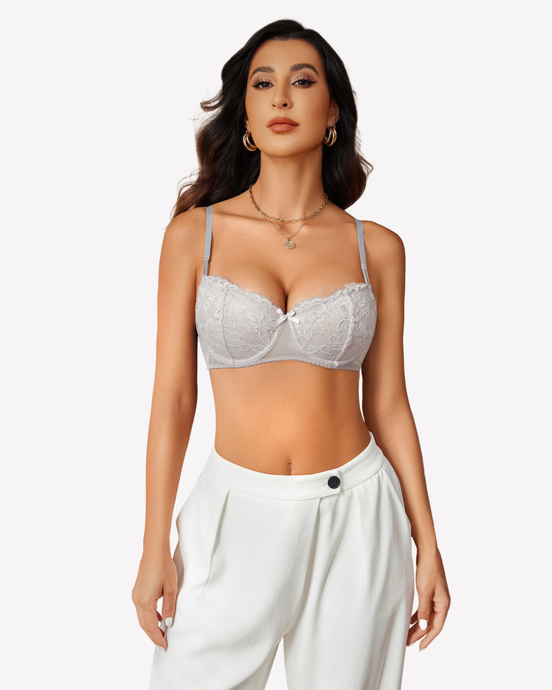 Lace Push Up Bra Sheer Balconette Light Grey Lingerie Sets-Bras - Tophatter Daily Deals