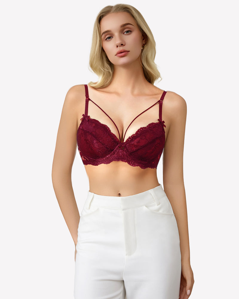 Lace Unlined Strappy Bras Dark Red Lingerie Sets-Bras - Tophatter Daily Deals
