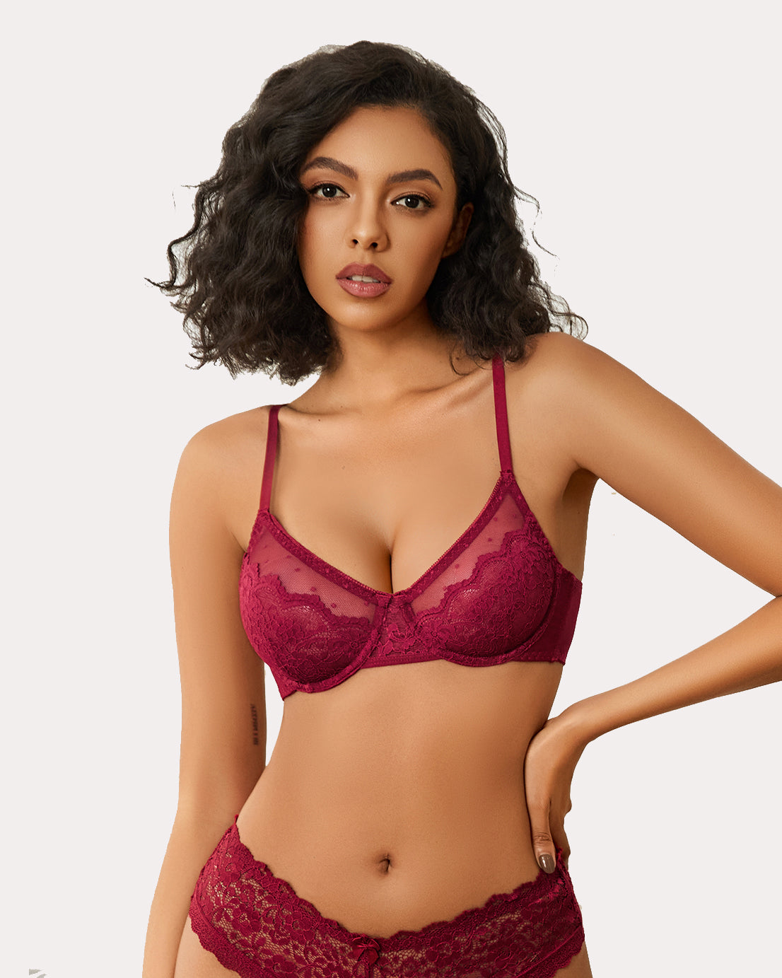Minimizer Bras Sheer Balconette Wine Red Lingerie Sets-Bras - Tophatter Daily Deals