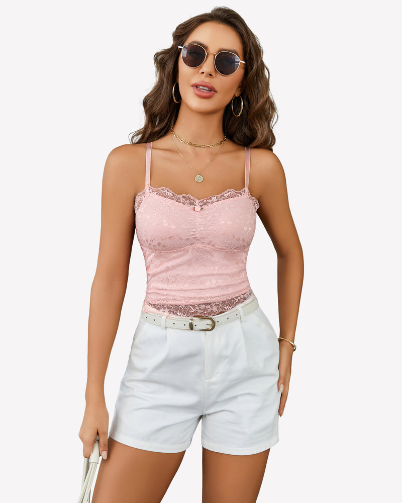 Lace Crop Top Ruched Tank Pink Lingerie Sets-Bras - Tophatter Daily Deals