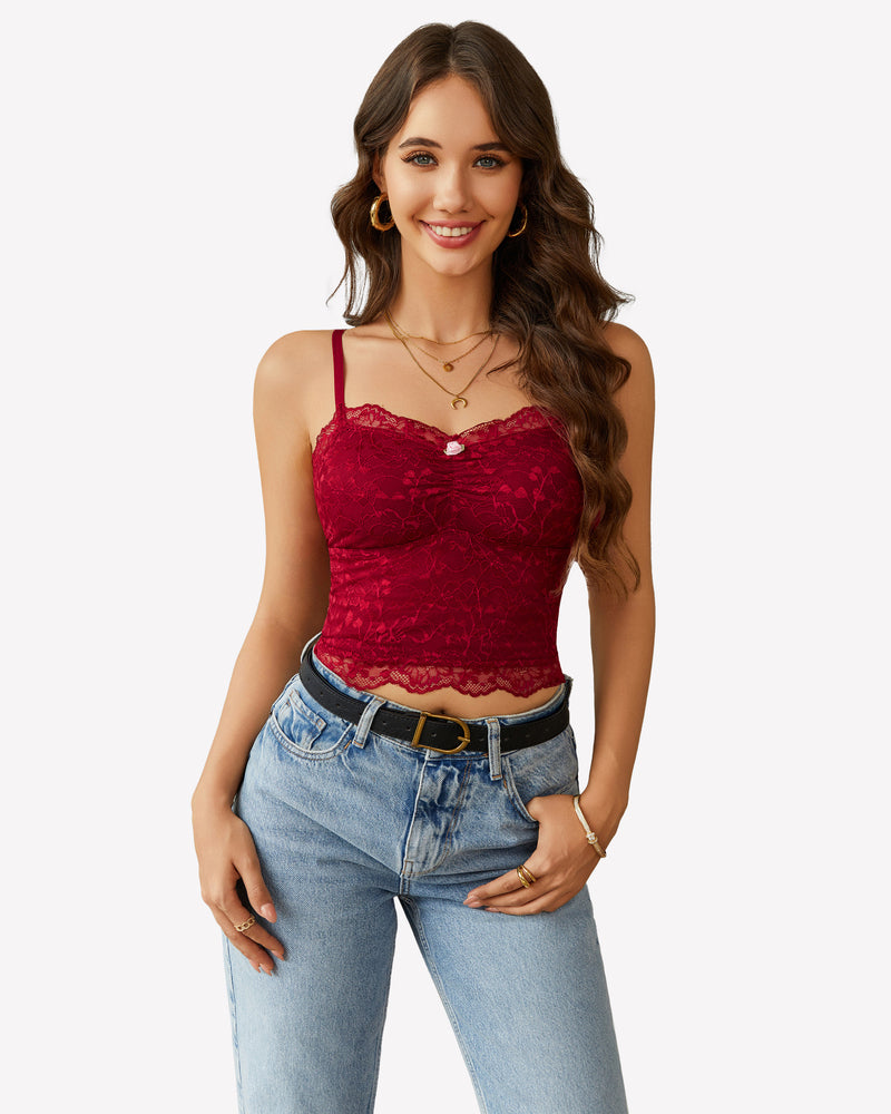 Lace Crop Top Ruched Tank Wine Red Lingerie Sets-Bras - Tophatter Daily Deals