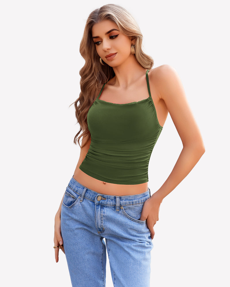Cowl Neck Tops Mesh Ruched Camisole Army Green Lingerie Sets-Bras - Tophatter Daily Deals