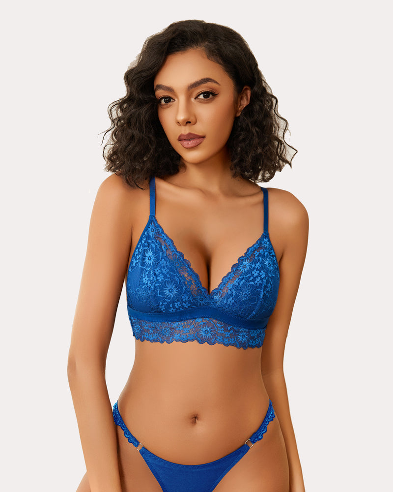 Lace Wireless Bra Non Padded Bralette Blue Lingerie Sets-Bras - Tophatter Daily Deals