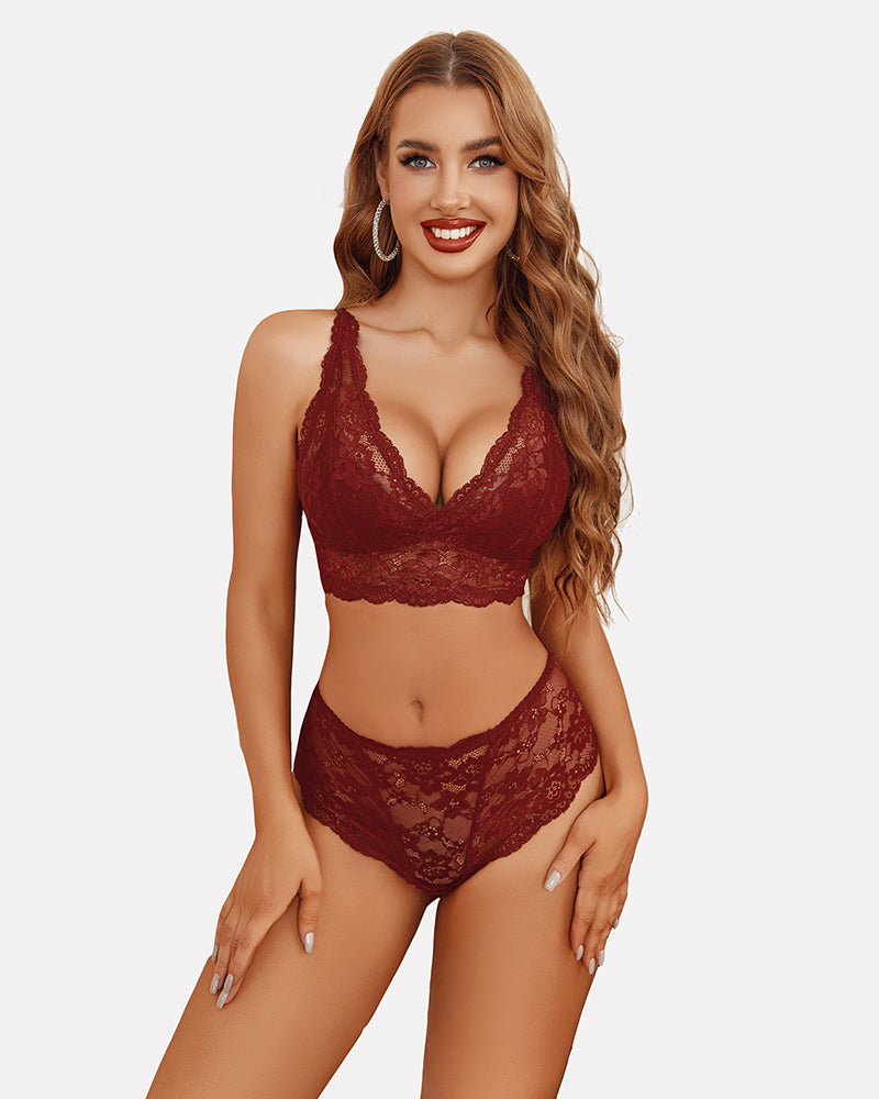 Lingerie Set Lace Bra and Panty Sets Wine Red Lingerie Sets-Bra Sets - Tophatter Daily Deals