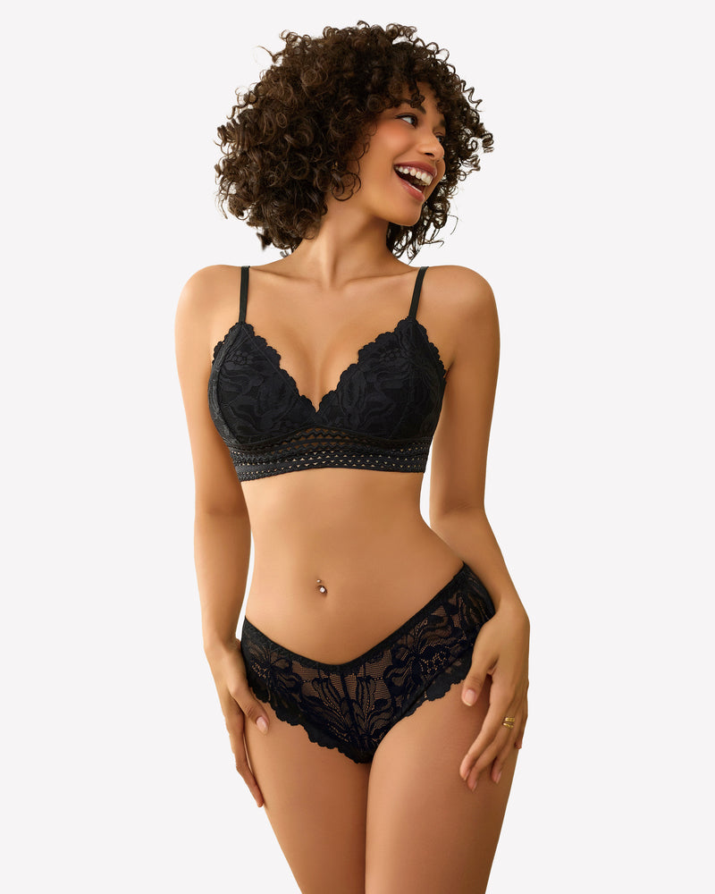 Lace 2 Piece Lace Bralette and Panty Set Black Lingerie Sets-Bra Sets - Tophatter Daily Deals