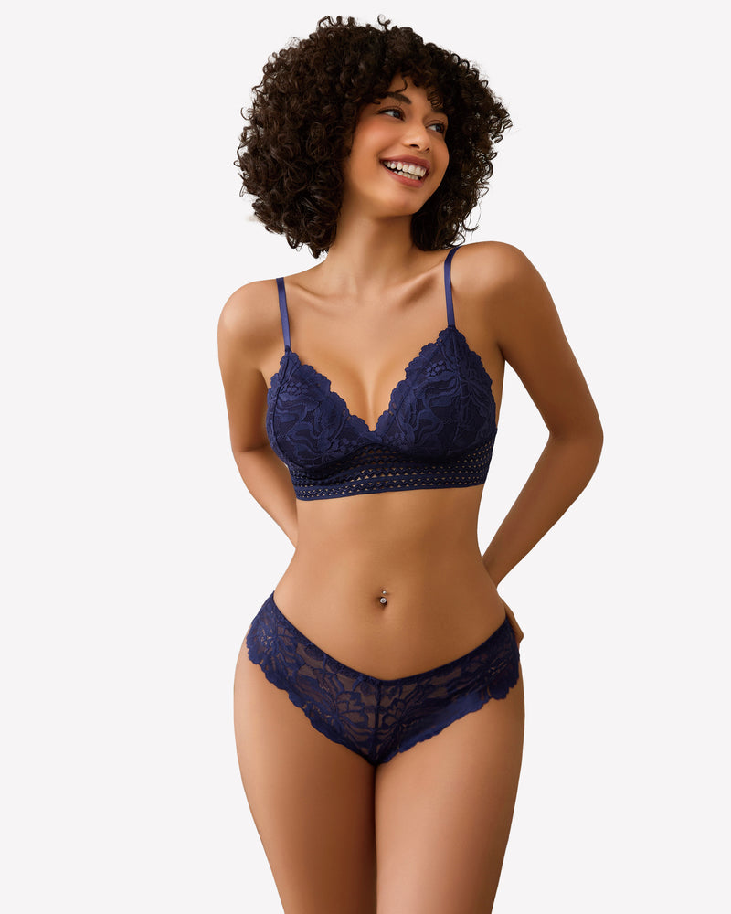 Lace 2 Piece Lace Bralette and Panty Set Navy Blue Lingerie Sets-Bra Sets - Tophatter Daily Deals