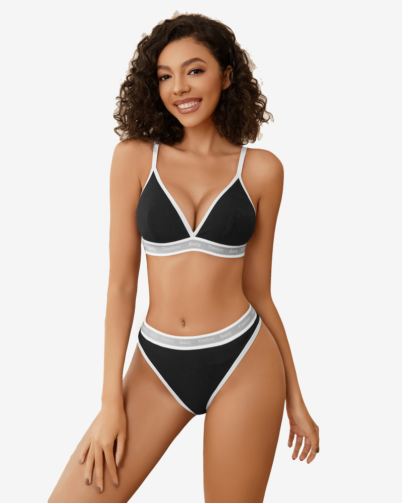 Contrast Bra and Panty Set Black Lingerie Sets-Bra Sets - Tophatter Daily Deals