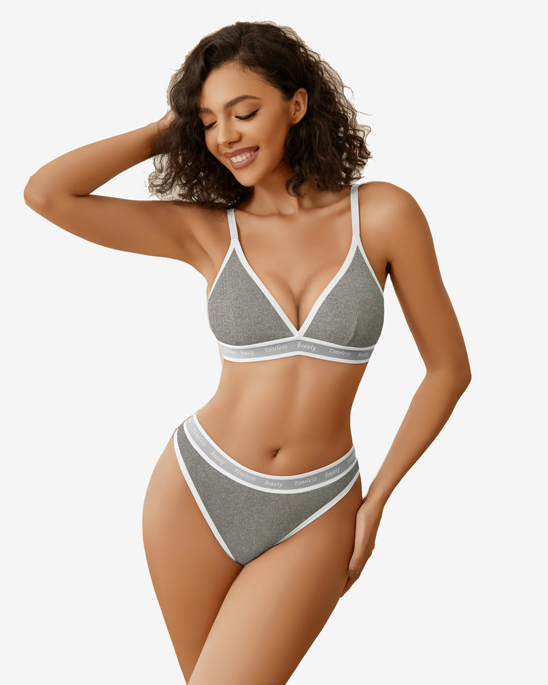 Contrast Bra and Panty Set Grey Lingerie Sets-Bra Sets - Tophatter Daily Deals