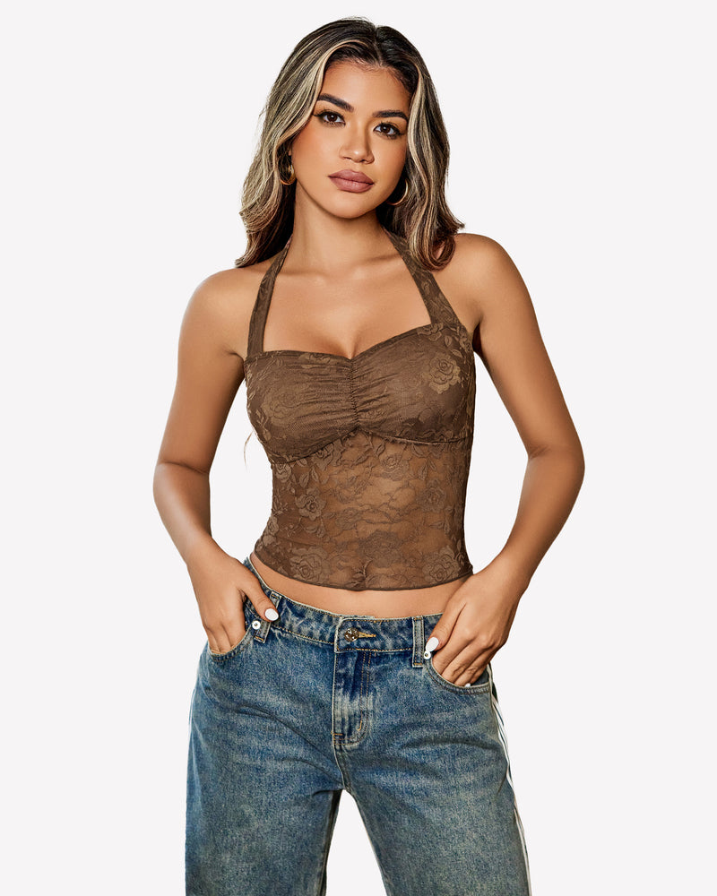 Y2K Halter Tops Lace Tank Top Brown Lingerie Sets-Bras - Tophatter Daily Deals