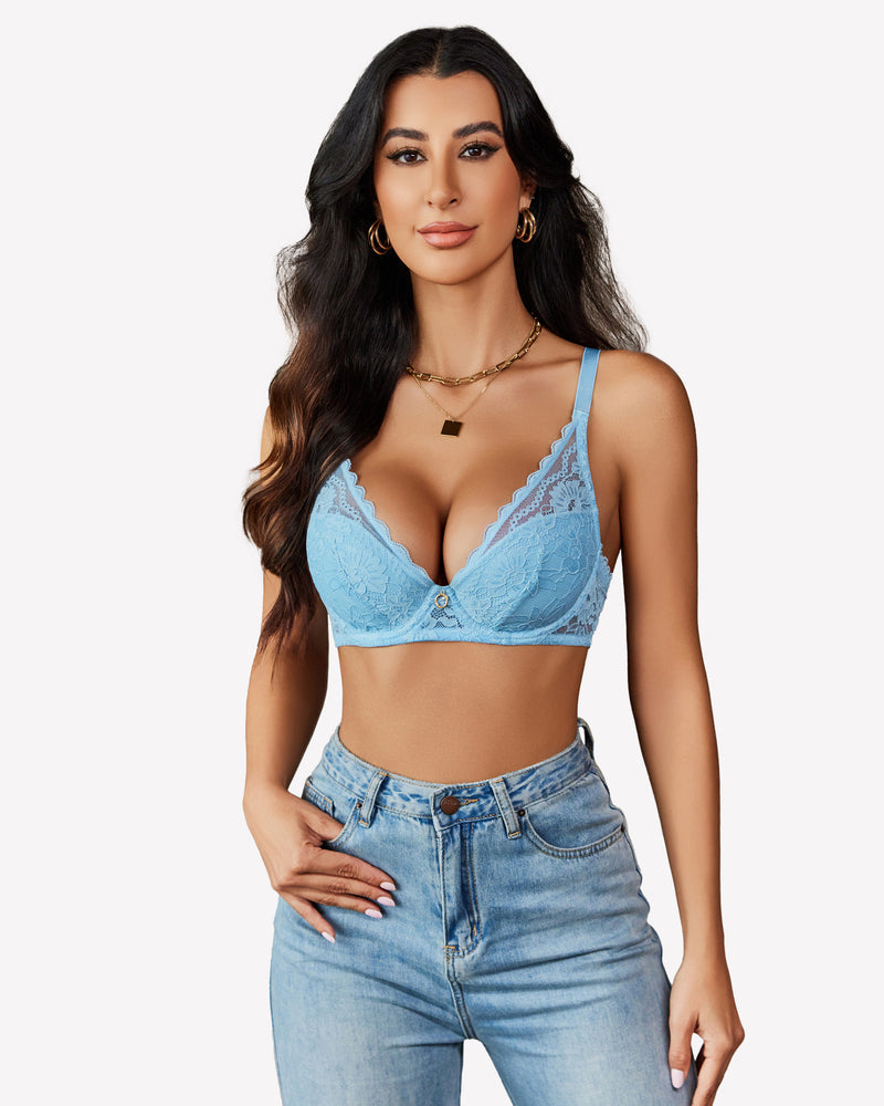 Push Up Bralettes with Underwire Light Blue Lingerie Sets-Bras - Tophatter Daily Deals