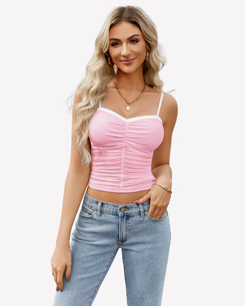 Ruched Y2K Tank Top Mesh Crop Tops Pink Lingerie Sets-Bras - Tophatter Daily Deals