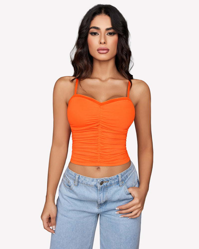 Ruched Y2K Tank Top Mesh Crop Tops Orange Lingerie Sets-Bras - Tophatter Daily Deals
