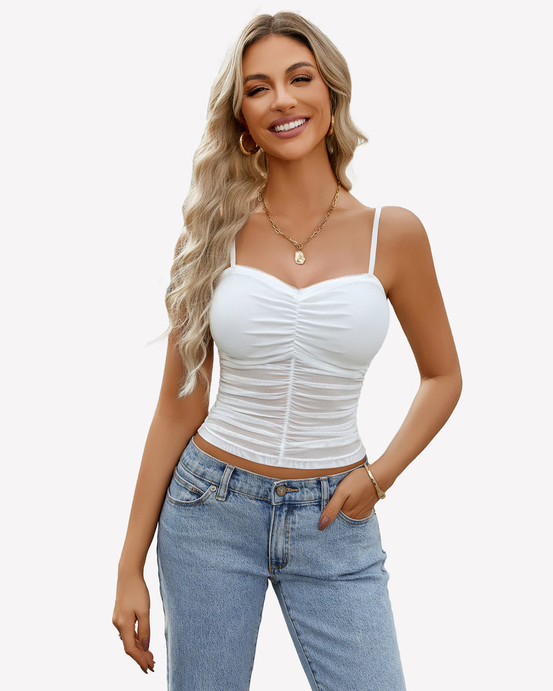 Ruched Y2K Tank Top Mesh Crop Tops White Lingerie Sets-Bras - Tophatter Daily Deals
