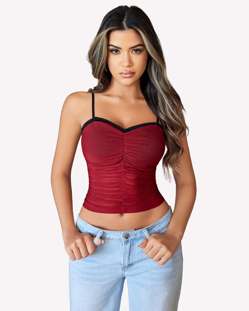 Ruched Y2K Tank Top Mesh Crop Tops Wine Red Lingerie Sets-Bras - Tophatter Daily Deals