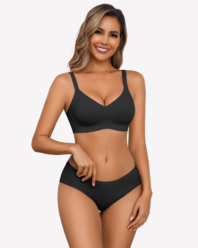Wireless Lace Seamless Padded V Neck Bra Black Lingerie Sets-Bras - Tophatter Daily Deals