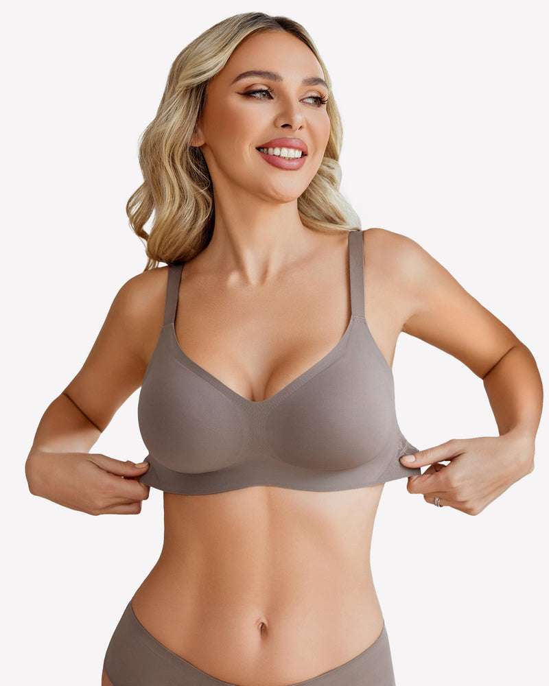 Wireless Lace Seamless Padded V Neck Bra Grey Lingerie Sets-Bras - Tophatter Daily Deals