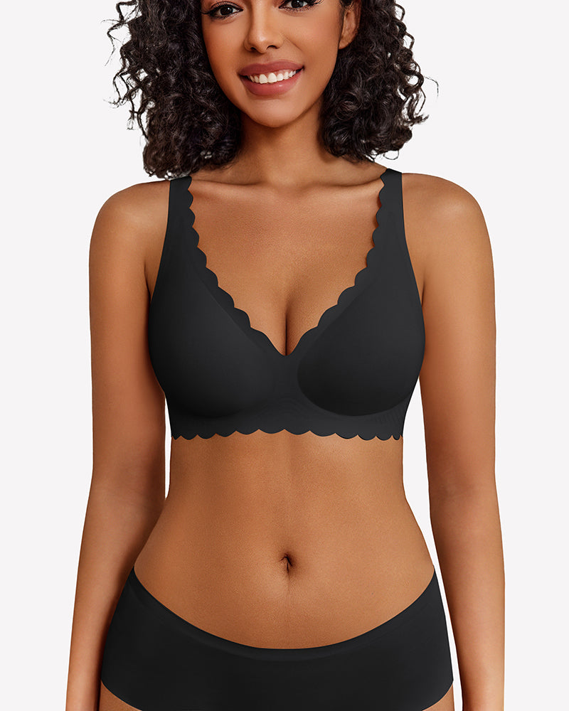 Wireless V Neck Seamless Full Coverage Bra Black Lingerie Sets-Bras - Tophatter Daily Deals
