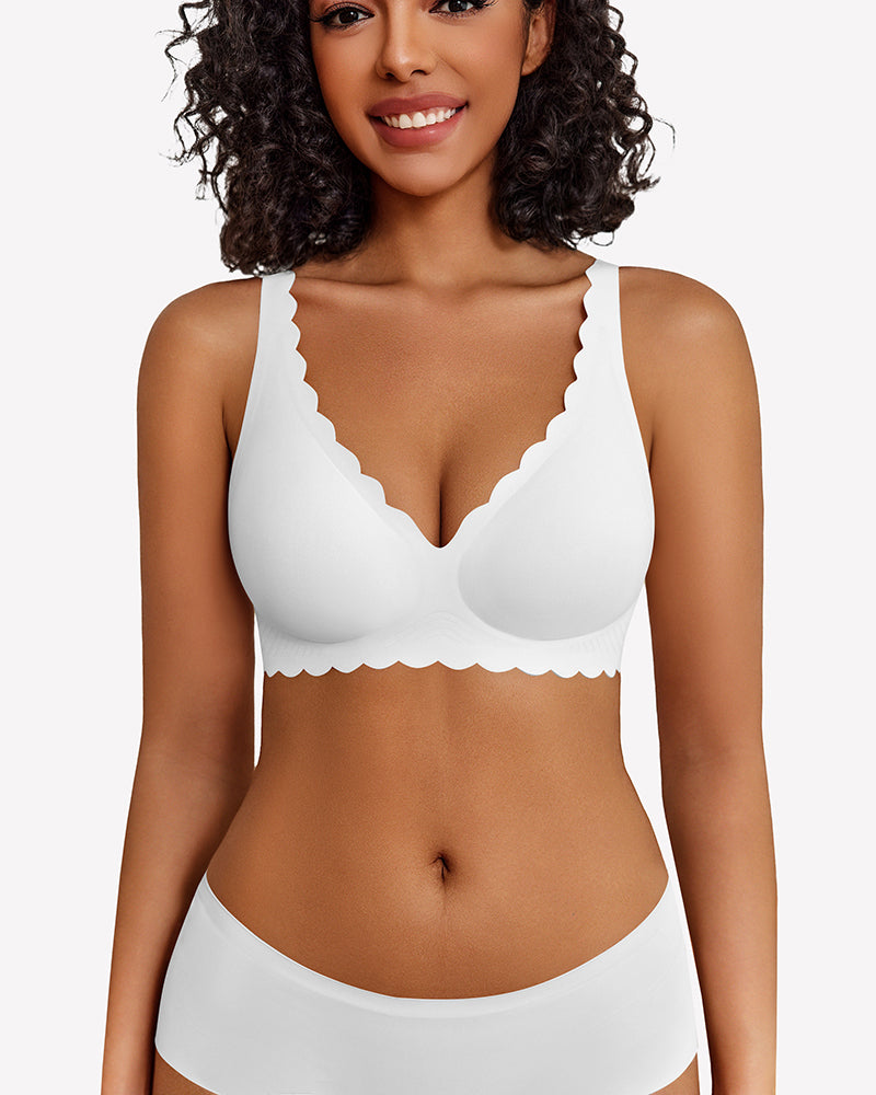 Wireless V Neck Seamless Full Coverage Bra White Lingerie Sets-Bras - Tophatter Daily Deals
