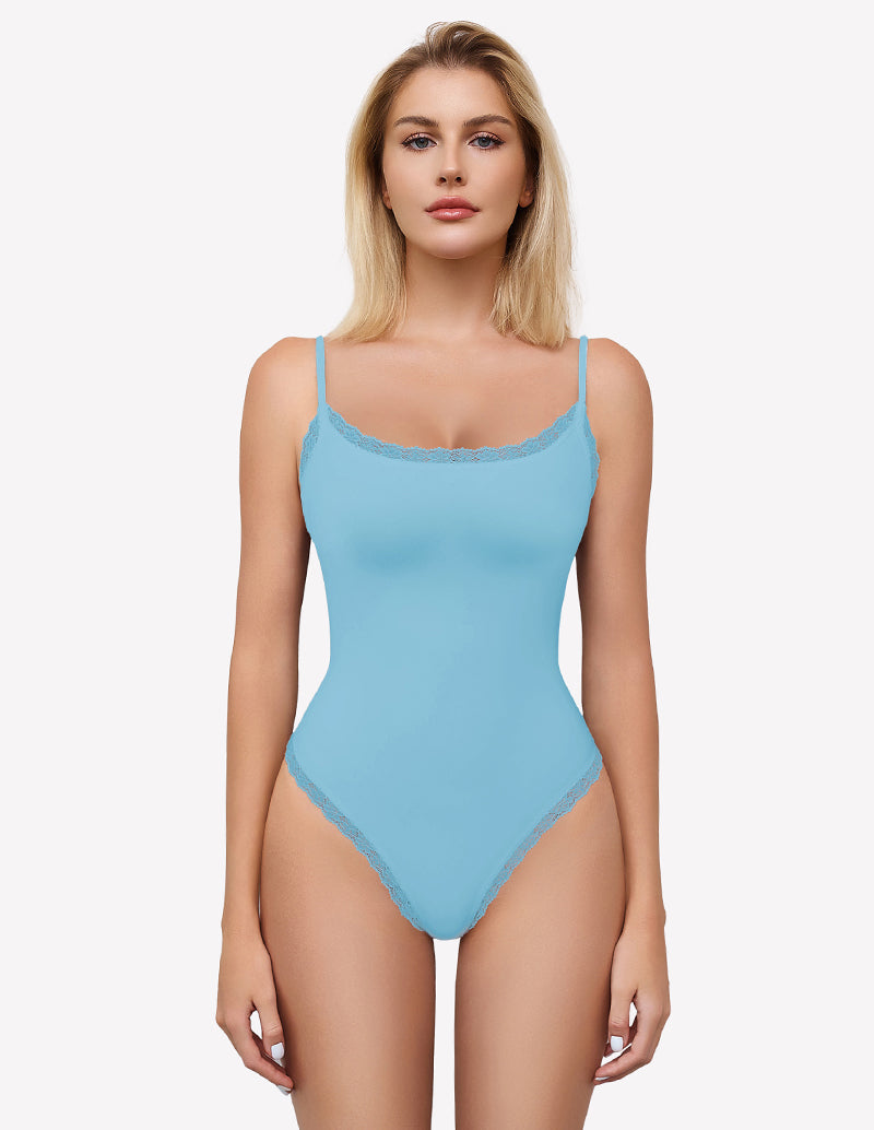 Square Neck Lace Bodysuit Tank Top Light Blue Shaperwear-bodysuit - Tophatter Daily Deals