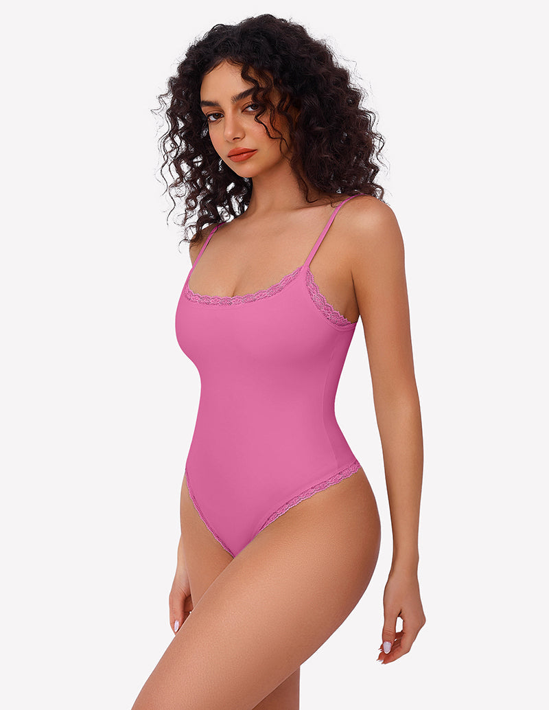 Square Neck Lace Bodysuit Tank Top Rose Red Shaperwear-bodysuit - Tophatter Daily Deals