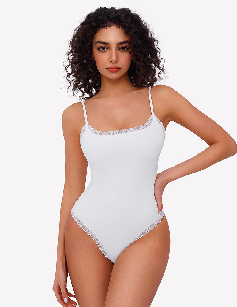 Square Neck Lace Bodysuit Tank Top White Shaperwear-bodysuit - Tophatter Daily Deals