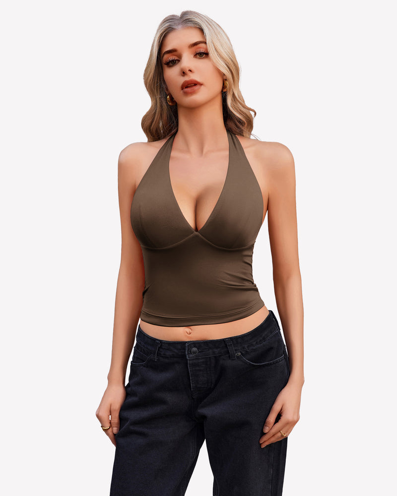 Halter Crop Top Going Out Tank Crop Top Brown Lingerie Sets-Bras - Tophatter Daily Deals