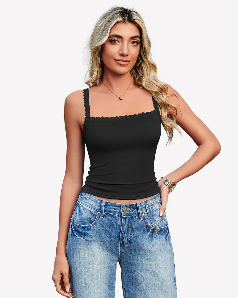 Lace Tank Top Y2k Square Neck Undershirts Black Lingerie Sets-Bras - Tophatter Daily Deals
