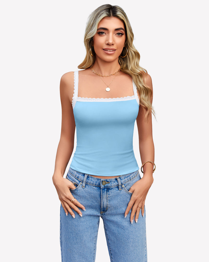 Lace Tank Top Y2k Square Neck Undershirts Light Blue Lingerie Sets-Bras - Tophatter Daily Deals