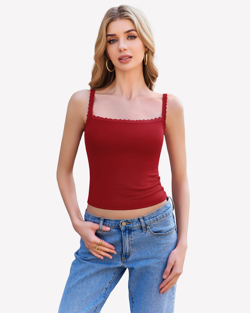 Lace Tank Top Y2k Square Neck Undershirts Dark Red Lingerie Sets-Bras - Tophatter Daily Deals