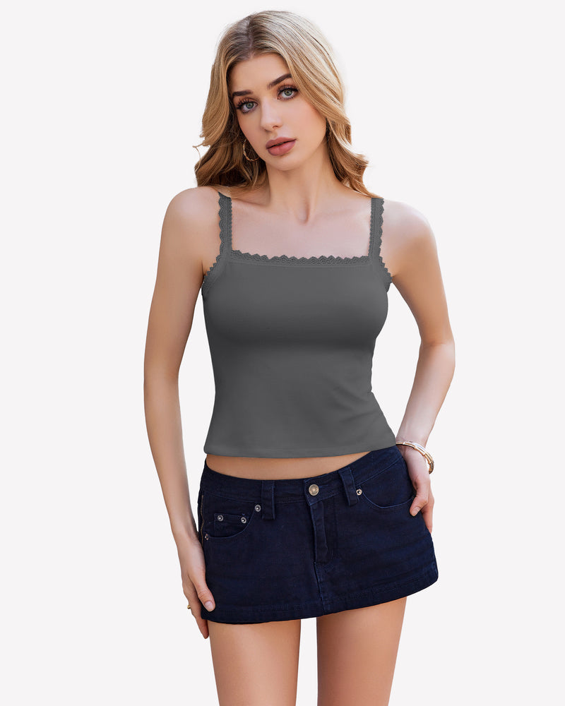Lace Tank Top Y2k Square Neck Undershirts Dark Grey Lingerie Sets-Bras - Tophatter Daily Deals