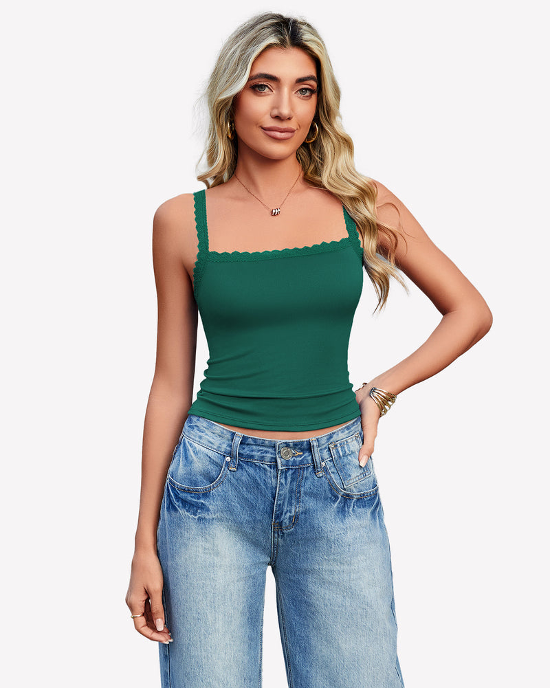 Lace Tank Top Y2k Square Neck Undershirts Green Lingerie Sets-Bras - Tophatter Daily Deals